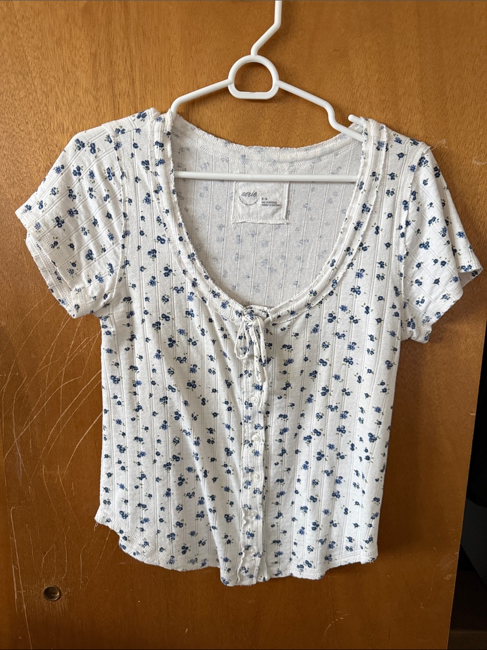 aerie White Ribbed Button-Front Tee with Blue Floral Print
